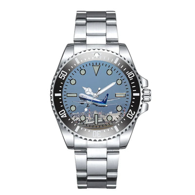 Side view of Departing ANA's Boeing 767 Luxury Aviators aviation aviator watch in premium stainless steel, polished finish.