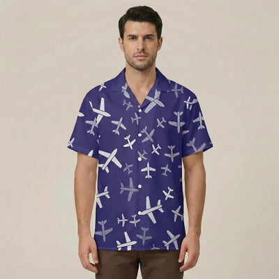 Different Sizes Seamless Airplanes aviation design printed on lightweight cotton blend Hawaiian shirt.