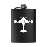 Thumbnail for Eat Sleep Fly & Propeller aviation design on stainless hip flask, compact pocket-size flask.