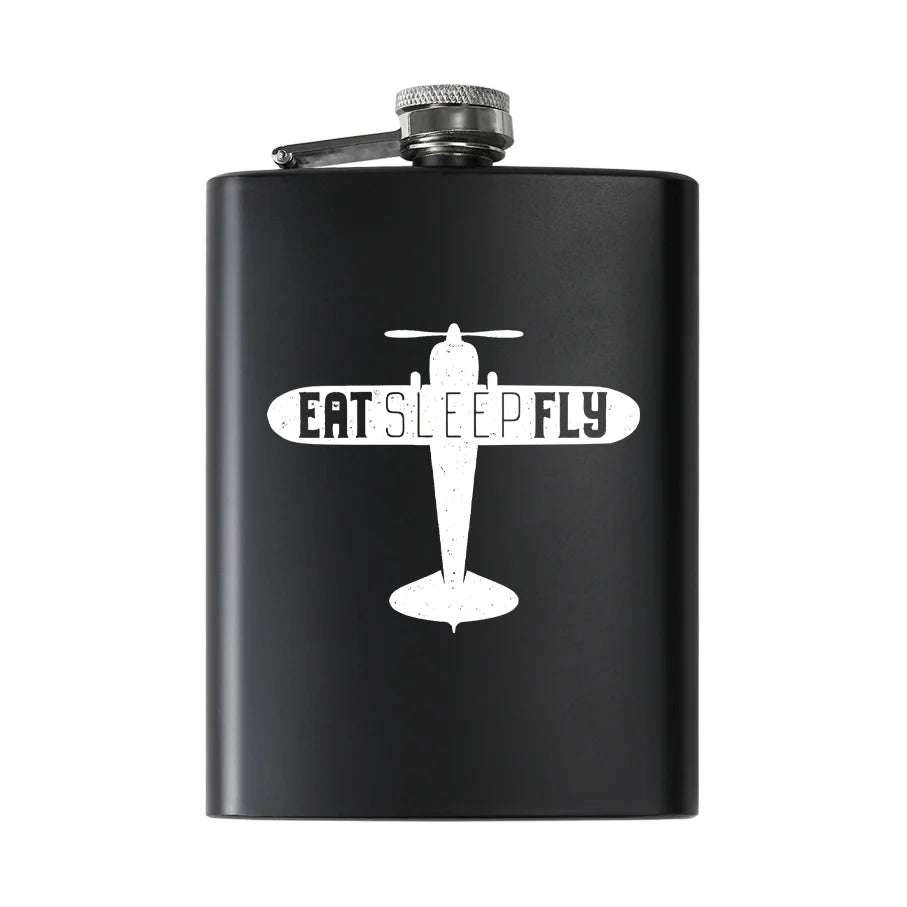 Eat Sleep Fly & Propeller aviation design on stainless hip flask, compact pocket-size flask.