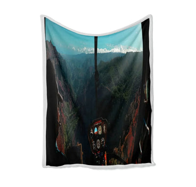 Beautiful Scenary Through Helicopter Cockpit Bed Blankets & aviation print on soft fleece blanket.