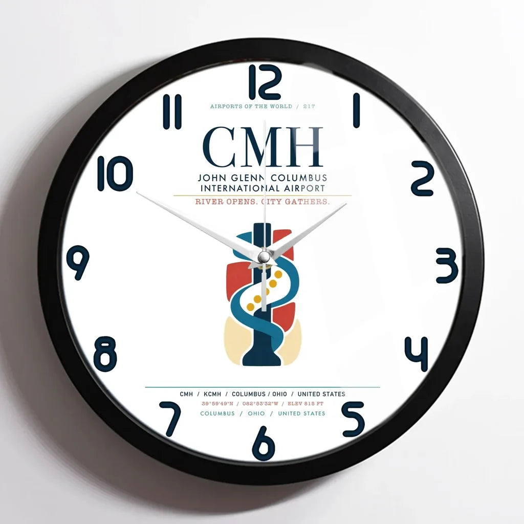 John Glenn Columbus International Airport (CMH) design on white framed wall clock