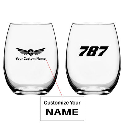 Boeing 787 Flat Text Water & Drink aviation design on water glass, crystal-clear premium glassware.