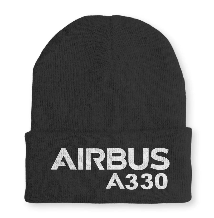 Airbus A330 & Text Embroidered aviation embroidery on soft knit fabric beanie.