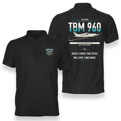 Daher TBM 960 design on black double-side polo t-shirt, double-side print