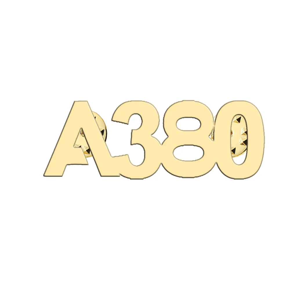 Airbus A380 Flat Text aviation hollow pin in polished alloy.