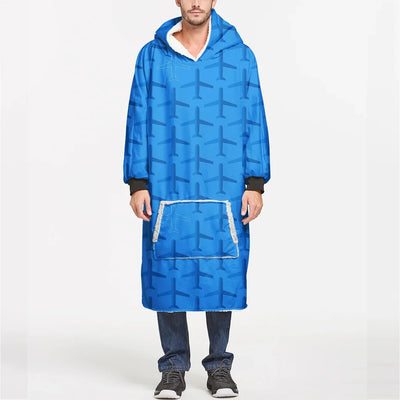 Blue Seamless Airplanes aviation design on soft fleece blanket hoodie.