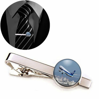 Side view of Departing ANA's Boeing 767 aviation tie clip in stainless steel, polished finish.