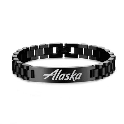 Side view of Alaska Airlines aviation chain bracelet in stainless steel, polished finish.