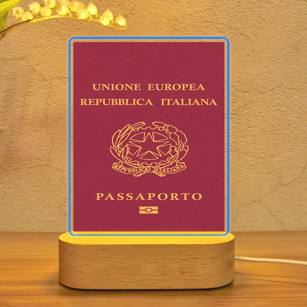 Italian Passport aviation design on premium acrylic with LED night lamp.