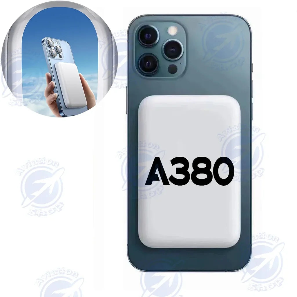 Airbus A380 Flat Text aviation design on durable casing with MagSafe ring MagSafe powerbank.