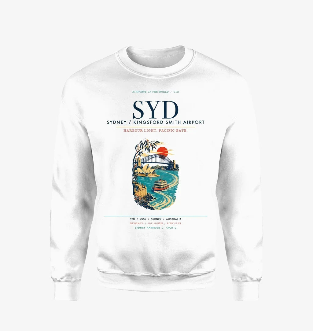 Sydney Kingsford Smith Airport (SYD) design on white sweatshirt