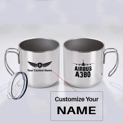 Airbus A380 & Plane aviation design on portable mug, vacuum-insulated double-wall.