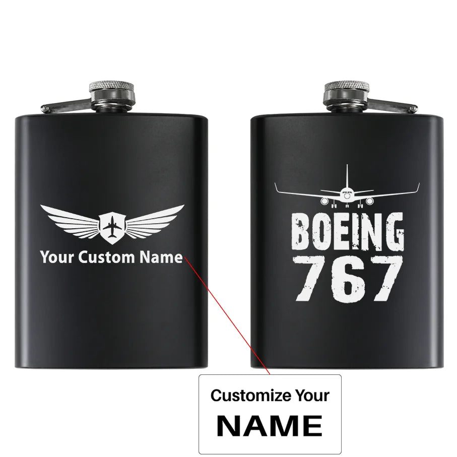 Boeing 767 & Plane aviation design on stainless hip flask, compact pocket-size flask.