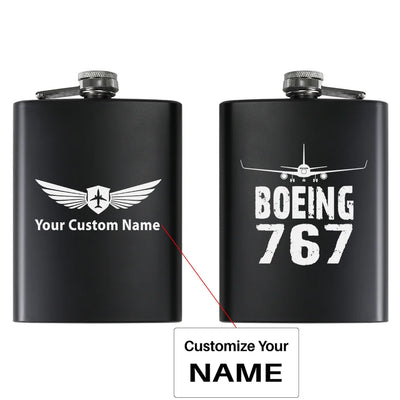 Boeing 767 & Plane aviation design on stainless hip flask, compact pocket-size flask.