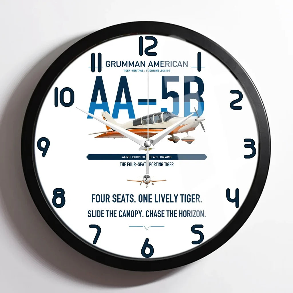 Grumman American AA-5B Tiger design on white framed wall clock