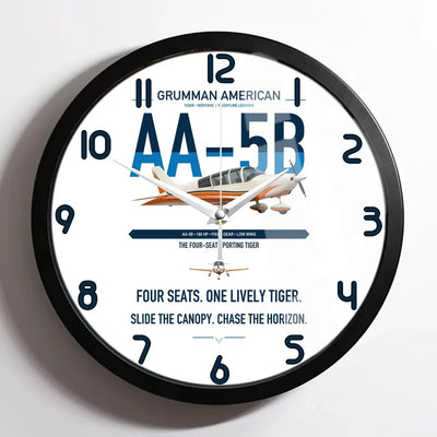 Grumman American AA-5B Tiger design on white framed wall clock