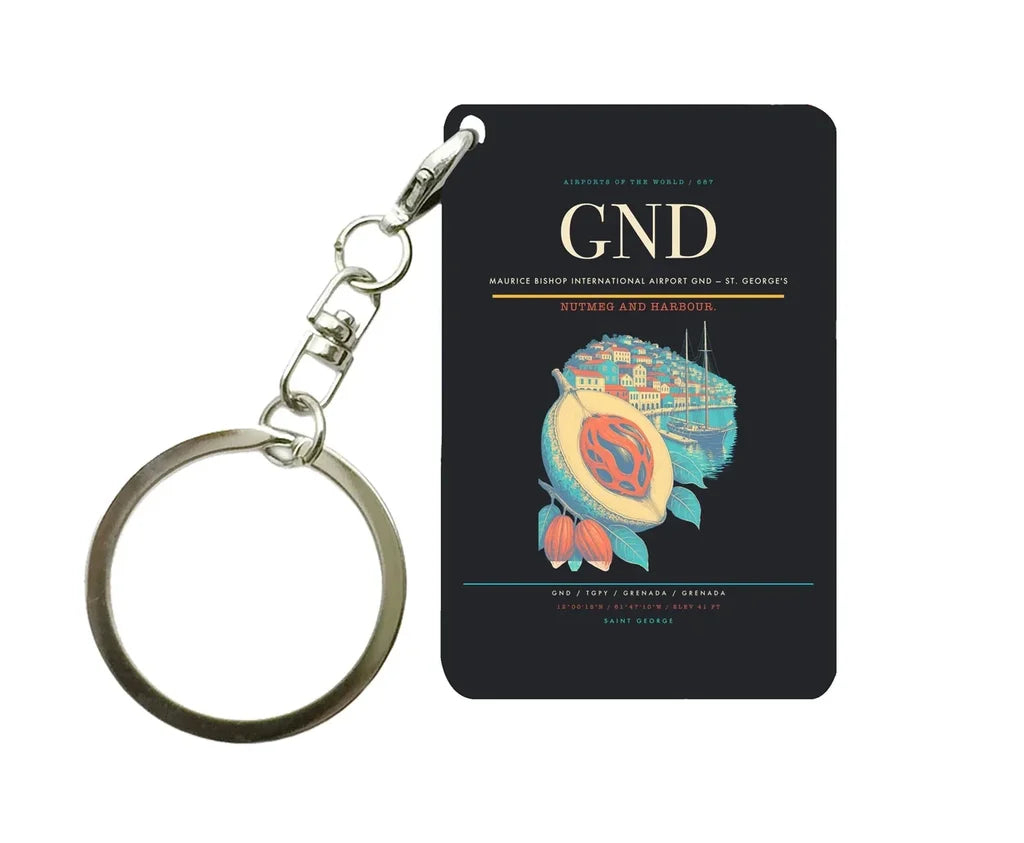 Maurice Bishop International Airport (GND) design on black key chain