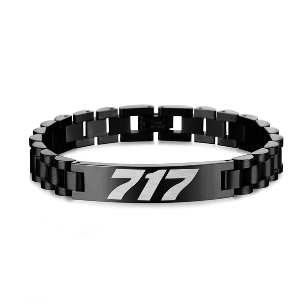 Side view of Boeing 717 Flat Text aviation chain bracelet in stainless steel, polished finish.