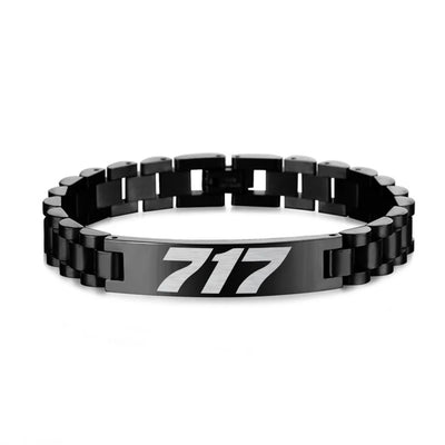 Side view of Boeing 717 Flat Text aviation chain bracelet in stainless steel, polished finish.