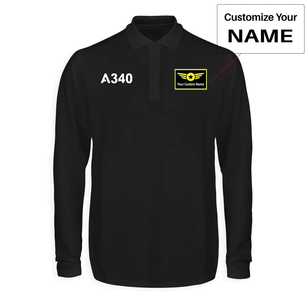 Airbus A340 Flat Text aviation design printed on soft cotton long-sleeve polo shirt.