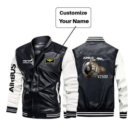 Airbus A320 & V2500 Engine Stylish Leather Bomber Jackets