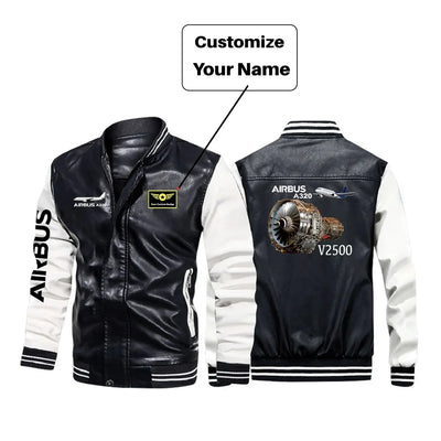 Airbus A320 & V2500 Engine aviation design printed on genuine leather with modern tailored fit stylish leather jacket.