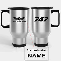 Thumbnail for Boeing 747 Flat Text Travel Mugs (With Holder) aviation design on travel mug with holder, insulated double-wall with car-cup.