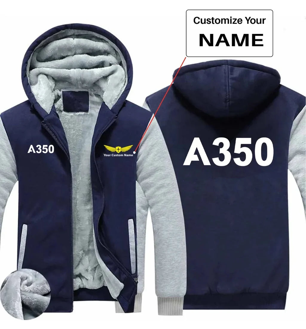 Airbus A350 Flat Text aviation design printed on soft cotton blend zipped sweatshirt.
