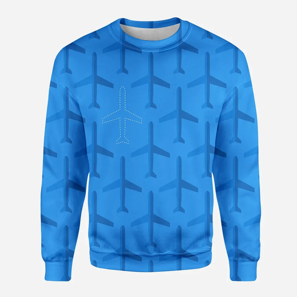 Blue Seamless Airplanes aviation design printed on soft cotton blend 3D sweatshirt.