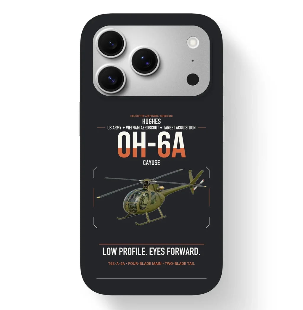 Hughes OH-6A Cayuse design on black magsafe iphone case, for iPhone 17 Pro