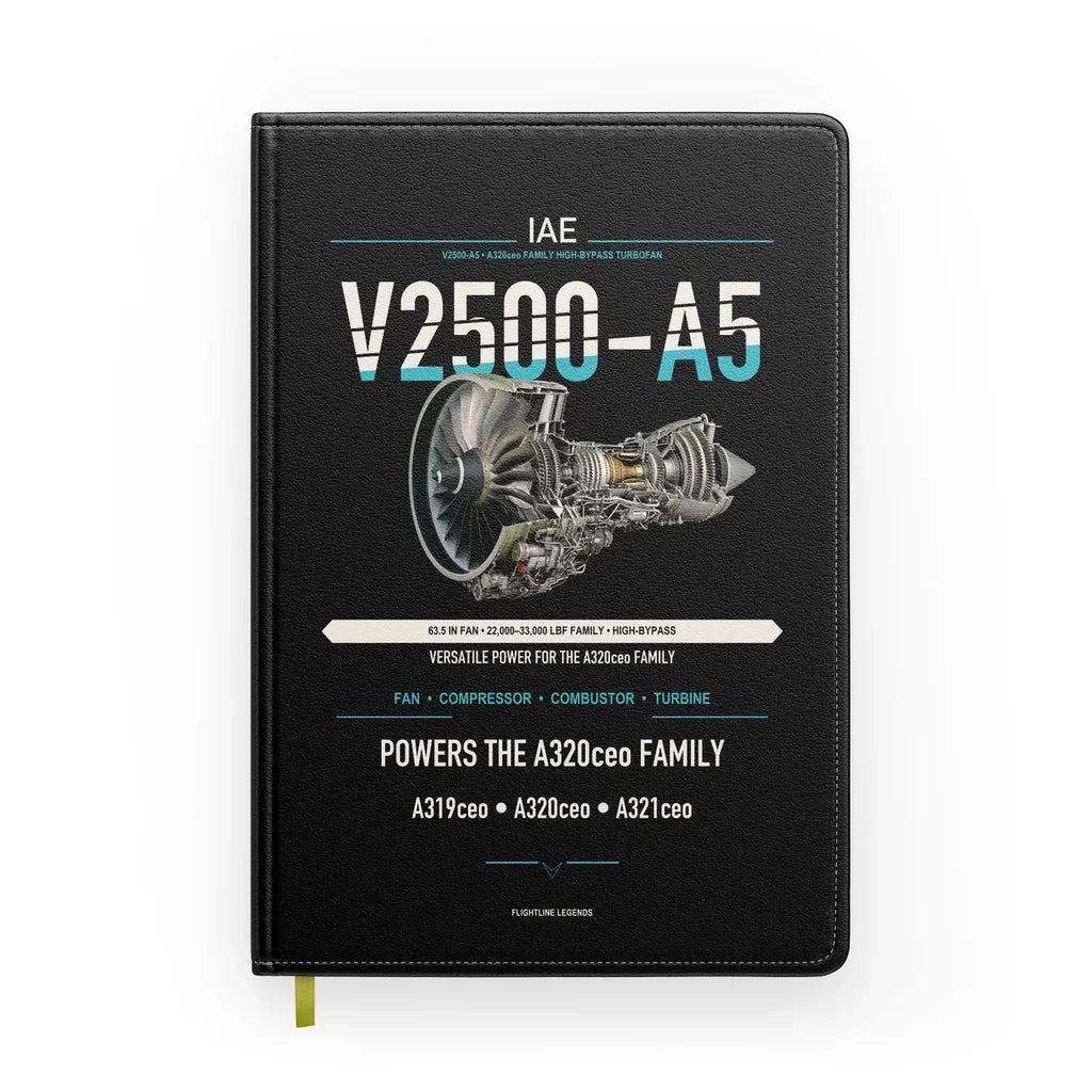 V2500-A5 design on black notebook