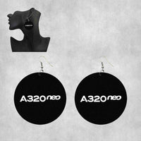 Thumbnail for Side view of A320neo & Text aviation drop earrings in wood with metal hooks, polished finish.