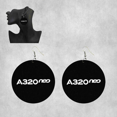 Side view of A320neo & Text aviation drop earrings in wood with metal hooks, polished finish.