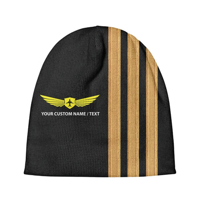 Custom Name & Special Golden Pilot Epaulettes (3 Lines) aviation embroidery on soft knit fabric 3D knit beanie.