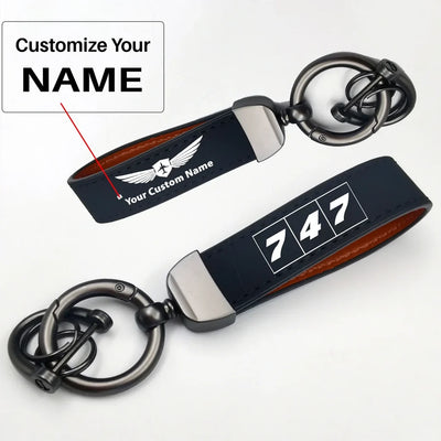 Side view of Flat Colourful 747 aviation horseshoe-buckle key chain in polished metal alloy, polished finish.