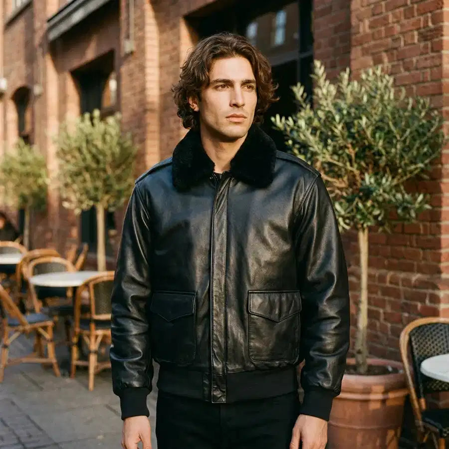 Pilot jacket on model — editorial