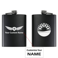 Thumbnail for SunExpress aviation design on stainless hip flask, compact pocket-size flask.