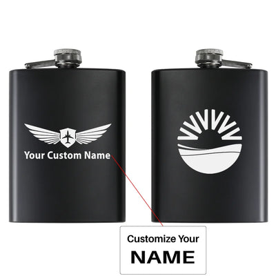 SunExpress aviation design on stainless hip flask, compact pocket-size flask.