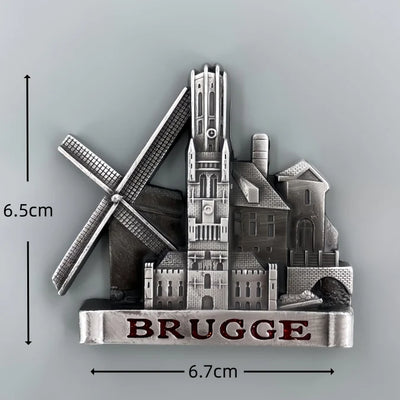 Bruges Belgium 3D Metal Fridge aviation design 3D metal magnet sticker in 3D metal with magnetic back.