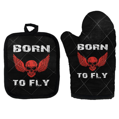 Born To Fly SKELETON Kitchen Glove & Holder aviation design on durable fabric with insulated lining kitchen glove holder.