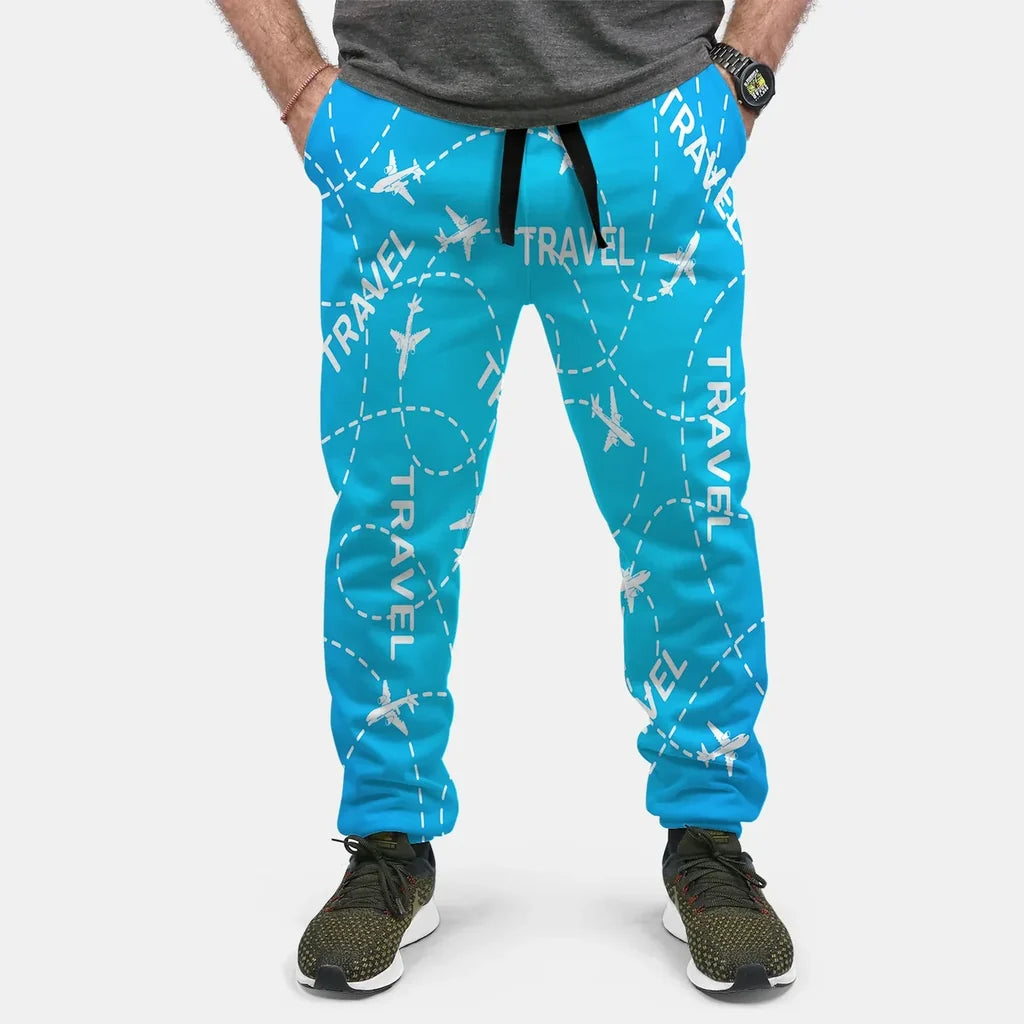 Travel & Planes aviation design on soft cotton blend 3D-printed sweatpants.