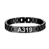 Thumbnail for Side view of Airbus A319 Flat Text aviation chain bracelet in stainless steel, polished finish.