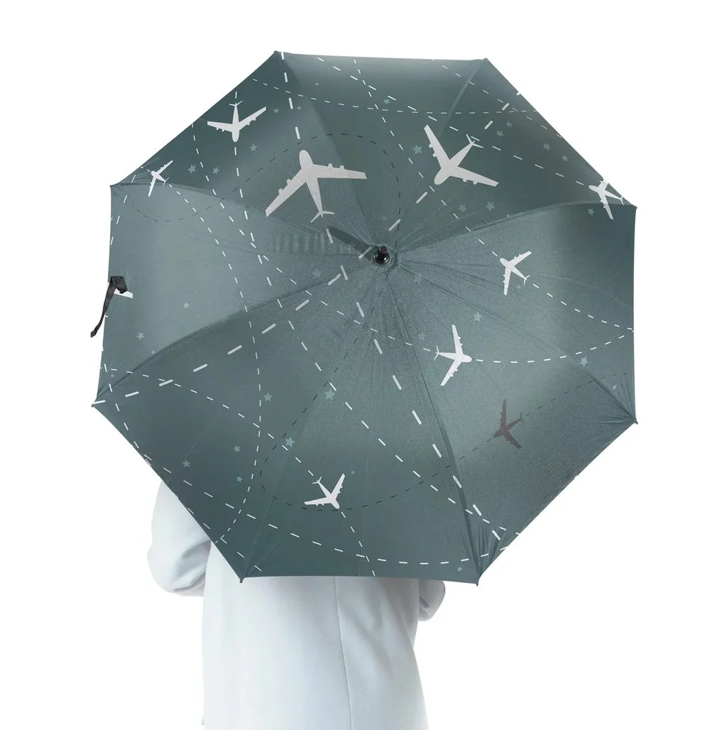 Travelling with Aircraft (Green) aviation design on windproof polyester umbrella.