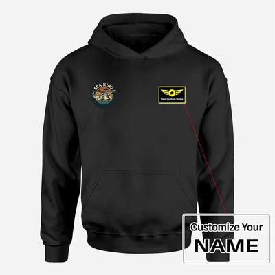 Sea King aviation design on soft cotton blend men's hoodie with small chest logo.