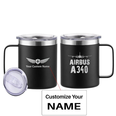 Airbus A340 & Plane aviation design on laser-engraved mug, permanent laser engraving on stainless.
