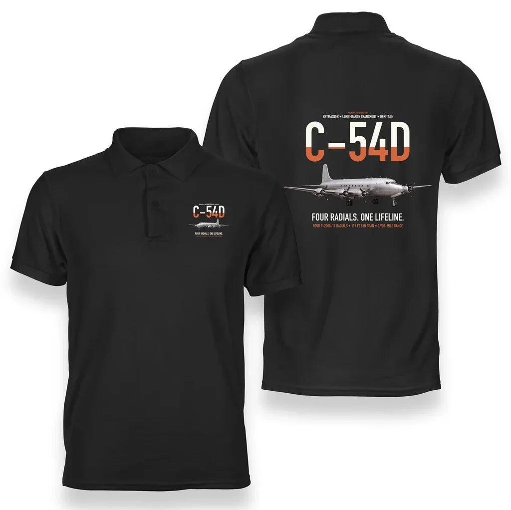 C-54D Skymaster design on black double-side polo t-shirt, double-side print