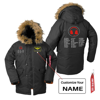 Aviation Alphabet 3 aviation design printed on heavyweight shell with hooded warmth parka bomber.