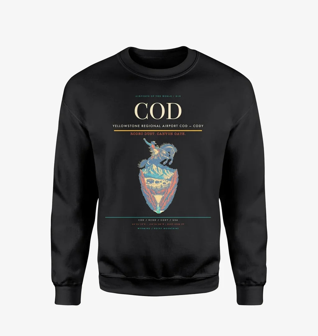 Yellowstone Regional Airport (COD) design on black sweatshirt