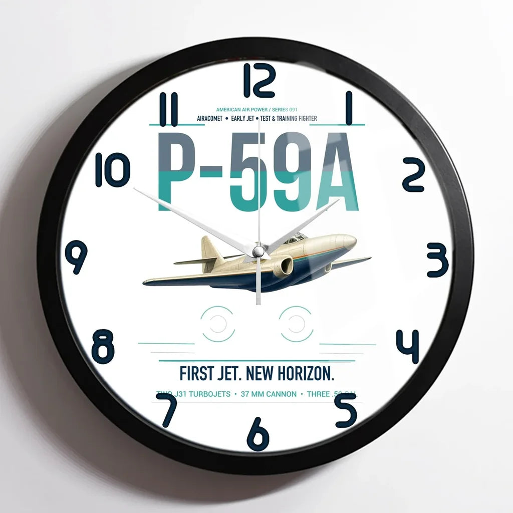 P-59A Airacomet design on white framed wall clock